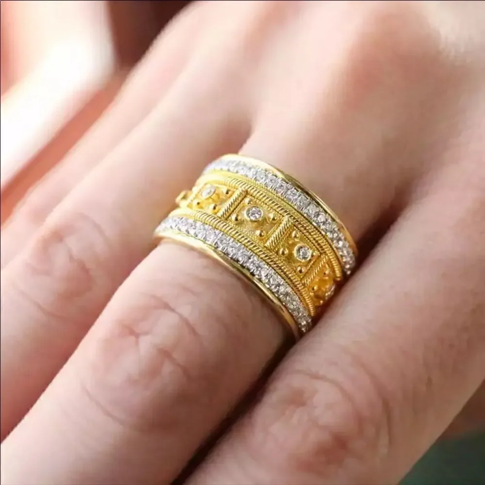 NEW Yellow Gold Vintage Diamonds Wide Ring
